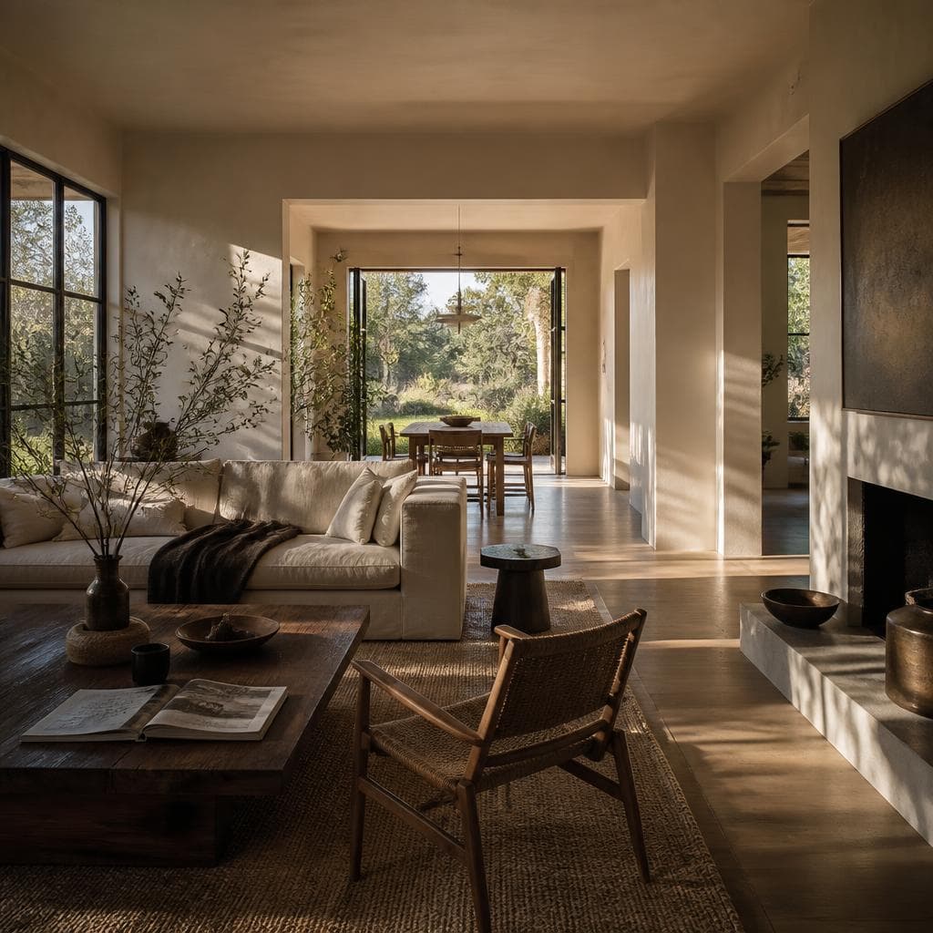 A warm, sunlit living room opening to a leafy garden